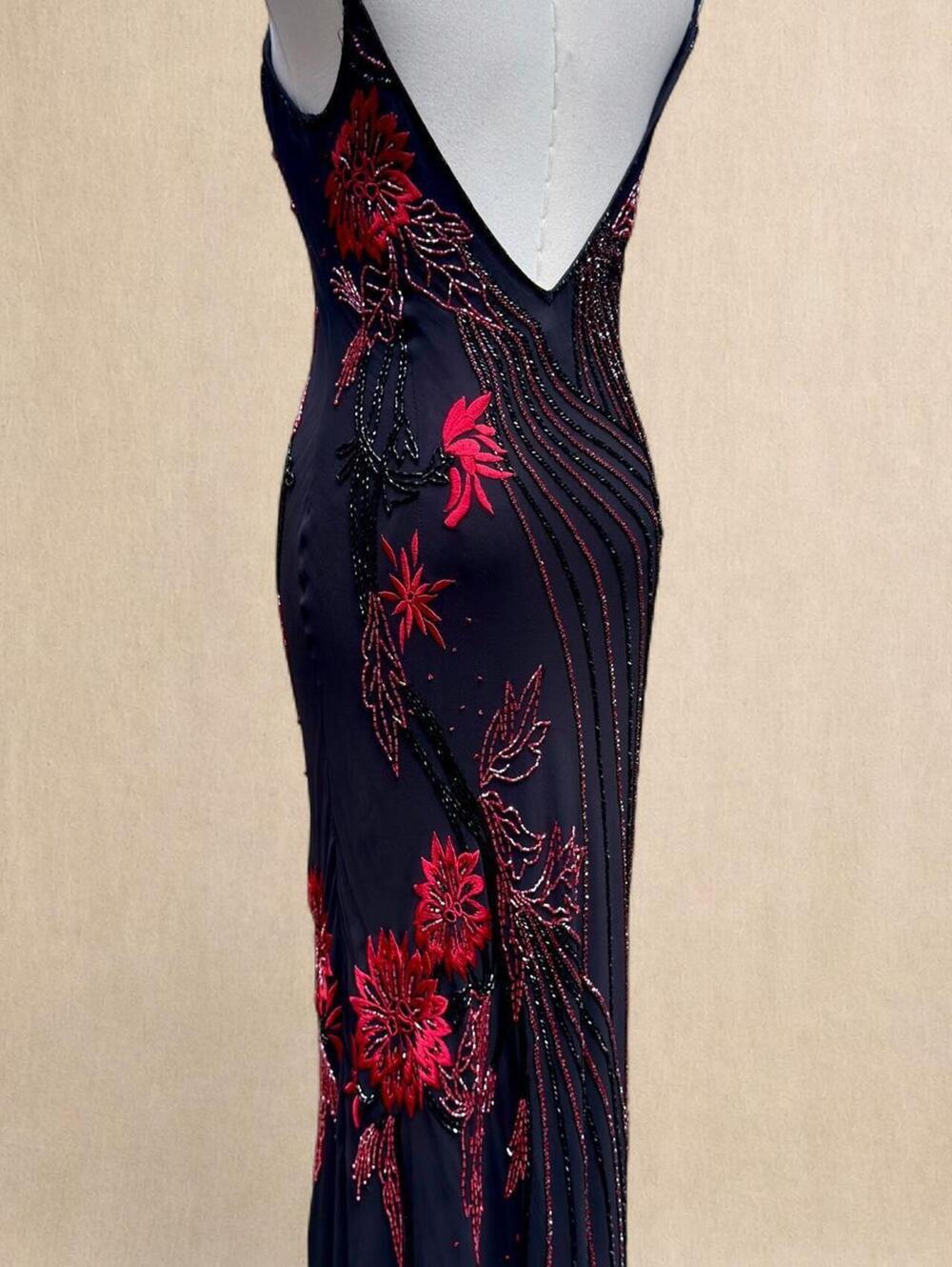 Vintage Cache black and red floral silk beaded maxi dress - Picture 6 of 8